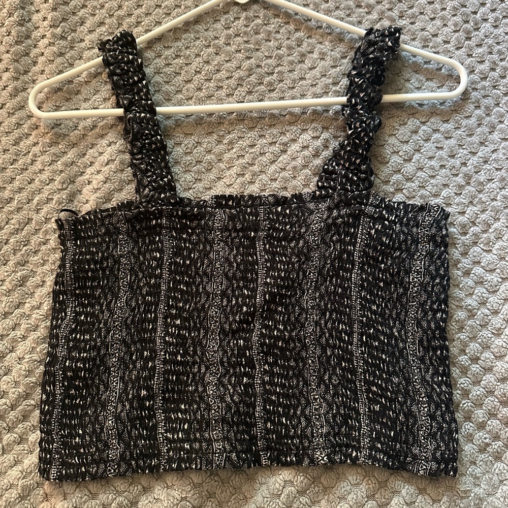 Paper Crane Smocked Black & Cream Sleeveless Crop Tank Top